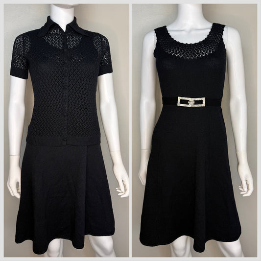 1960s/70s St John Knits Black Sleeveless Sweater Dress and Matching Short Sleeve Cardigan, Size X-Small