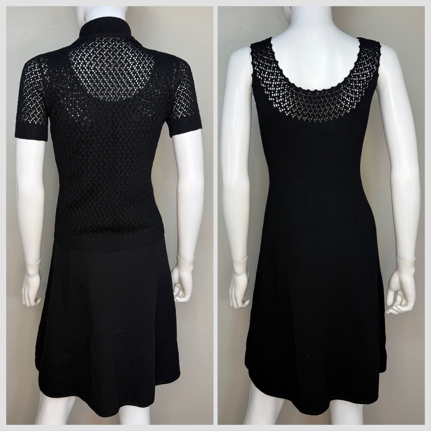 1960s/70s St John Knits Black Sleeveless Sweater Dress and Matching Short Sleeve Cardigan, Size X-Small