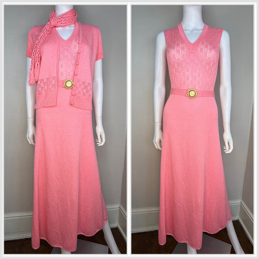1970s St John Knits Pink Sleeveless Maxi Sweater Dress with Matching Short Sleeve Cardigan and Scarf, Size X-Small