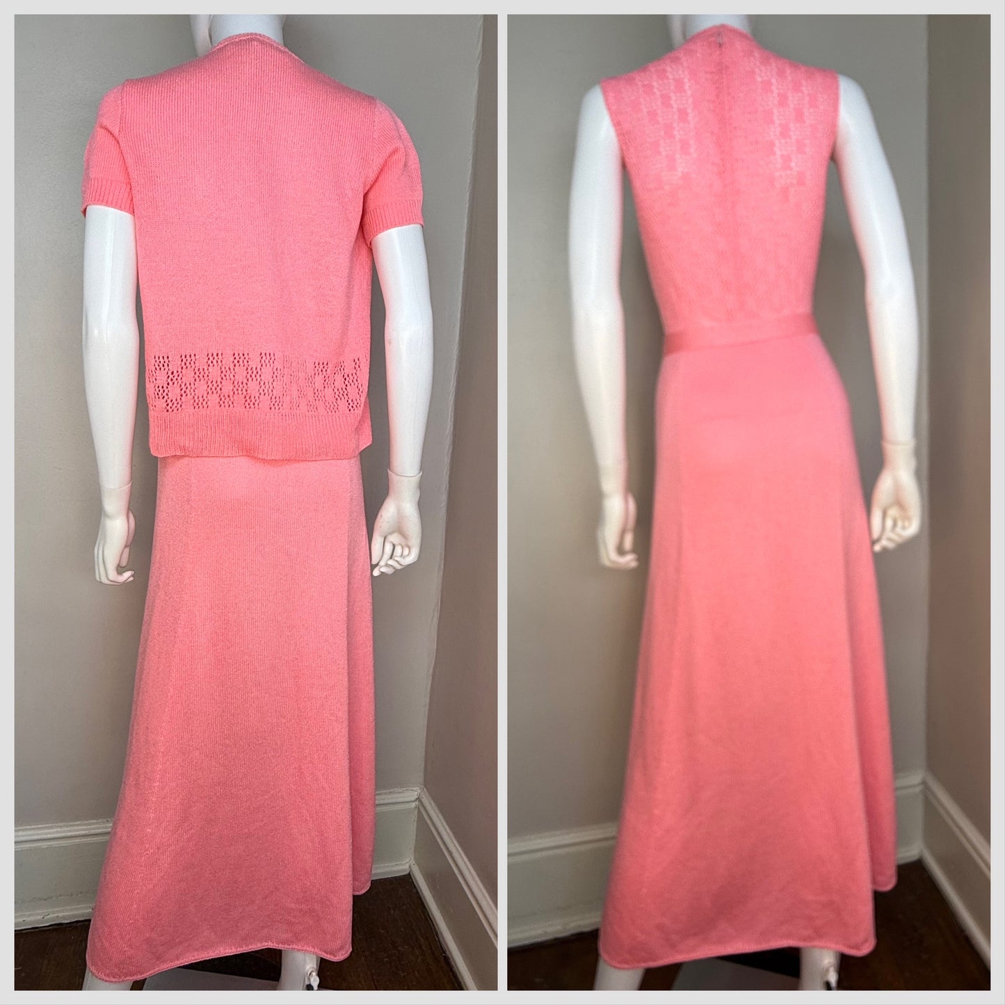 1970s St John Knits Pink Sleeveless Maxi Sweater Dress with Matching Short Sleeve Cardigan and Scarf, Size X-Small