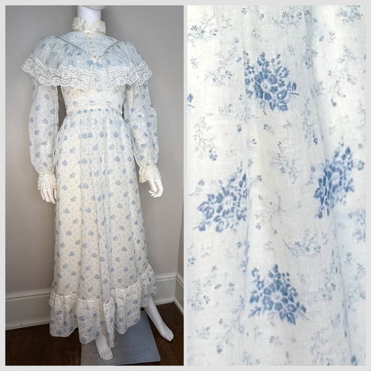 1970s White and Blue Floral Maxi Dress, Helen Joy Fashions Size XS/S, Prairie Cottagecore