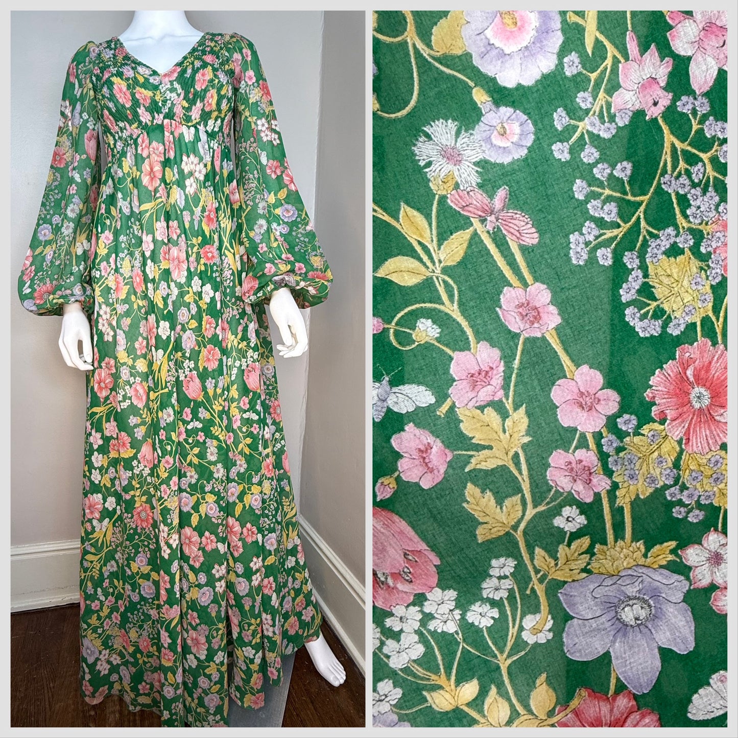 1970s Green Floral Maxi Dress, Denise Are There! Bonwit Teller, Size XS-Small Tall