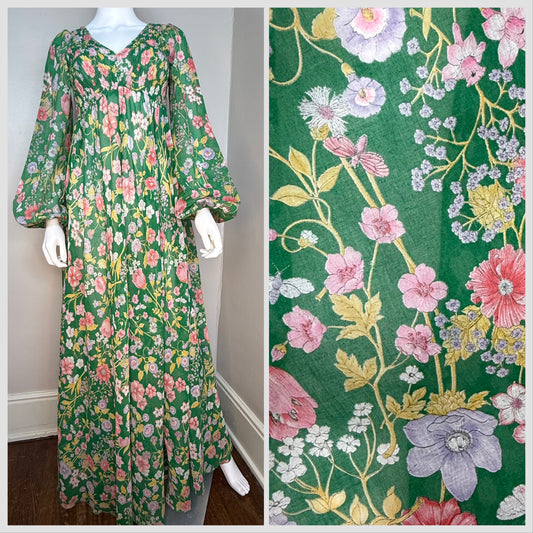 1970s Green Floral Maxi Dress, Denise Are There! Bonwit Teller, Size XS-Small Tall