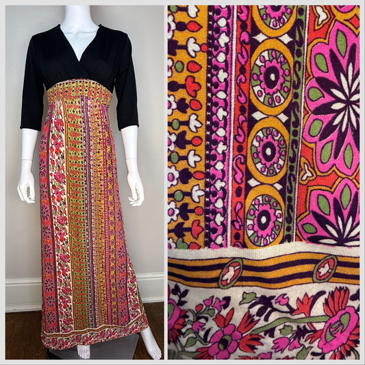 1970s Psychedelic Floral Stripe Maxi Dress, Border Print, Size Small