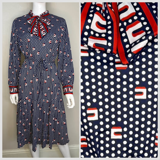 1960s/70s Polka Dot Dress with Pussy Bow Neck, A Mendel Creation Size XL