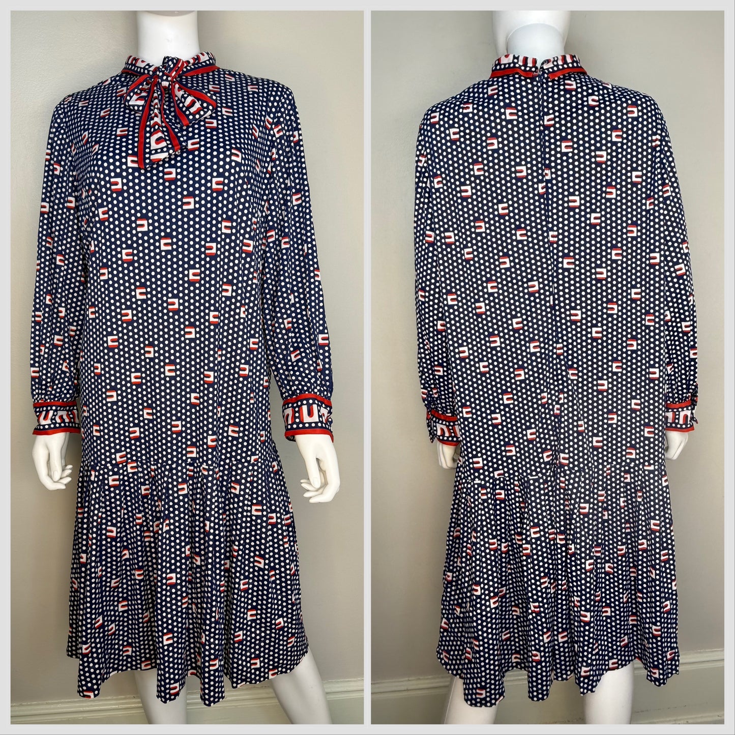 1960s/70s Polka Dot Dress with Pussy Bow Neck, A Mendel Creation Size XL