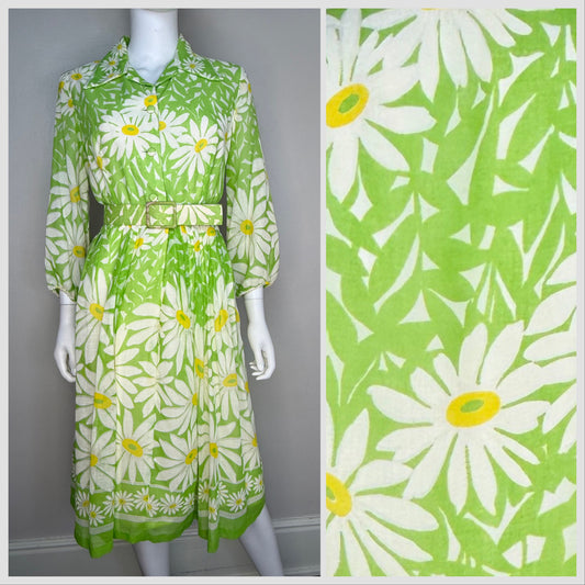 1960s Daisy Shirt Dress, Border Print, Size Medium