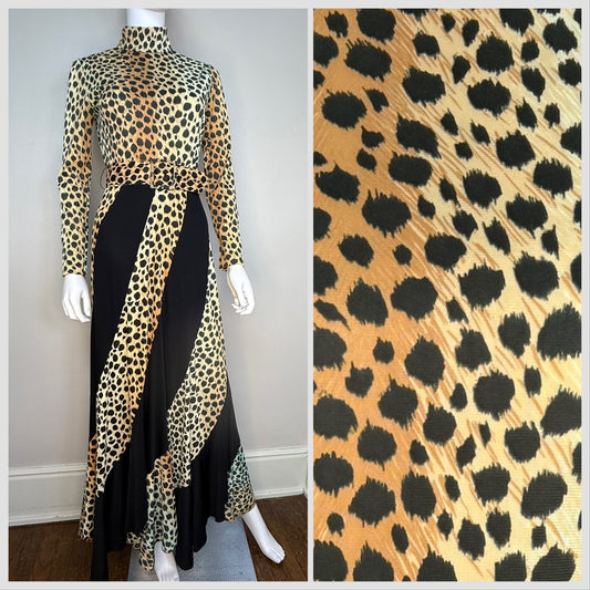 1970s Leopard Print Maxi Dress, Long Sleeve Turtleneck, Size Small, Curved Panel Skirt with Full Sweep