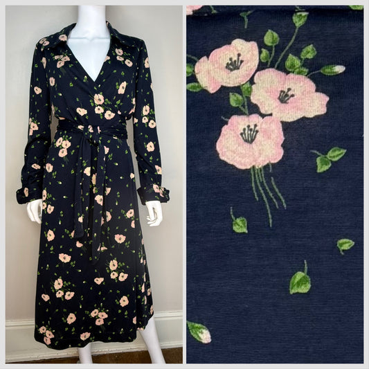 1970s Diane Von Furstenberg Wrap Dress, Navy Blue Floral, Size Medium-Large, Vintage Size 16, Neiman Marcus