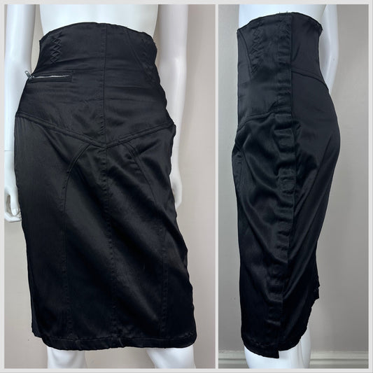 1980s Black Satin Pencil Skirt, Marithe Francois Girbaud Closed Size Small, Bondage and Lingerie Inspired