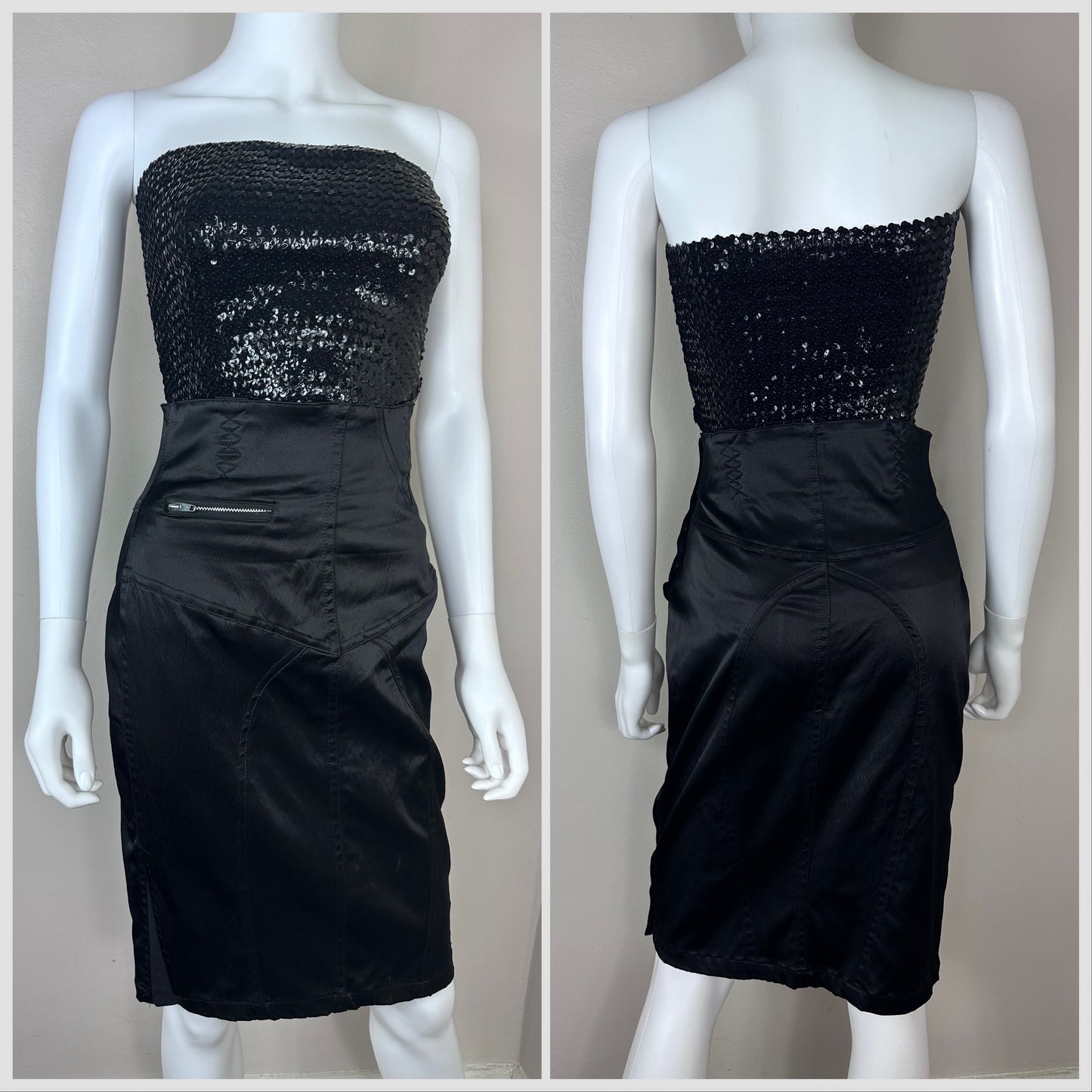 1980s Black Satin Pencil Skirt, Marithe Francois Girbaud Closed Size Small, Bondage and Lingerie Inspired