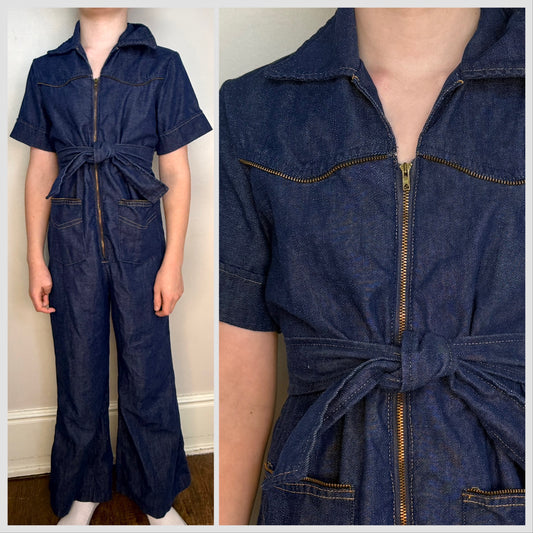 1970s Girl’s Denim Bellbottom Jumpsuit, Sears Growing Girl 10/12, Zip up with Zipper Trim