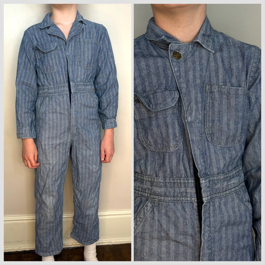1950s/60s Kids’ Blue Herringbone Twill Coveralls, Big Ben Sanforized Size 8/10, Zip up