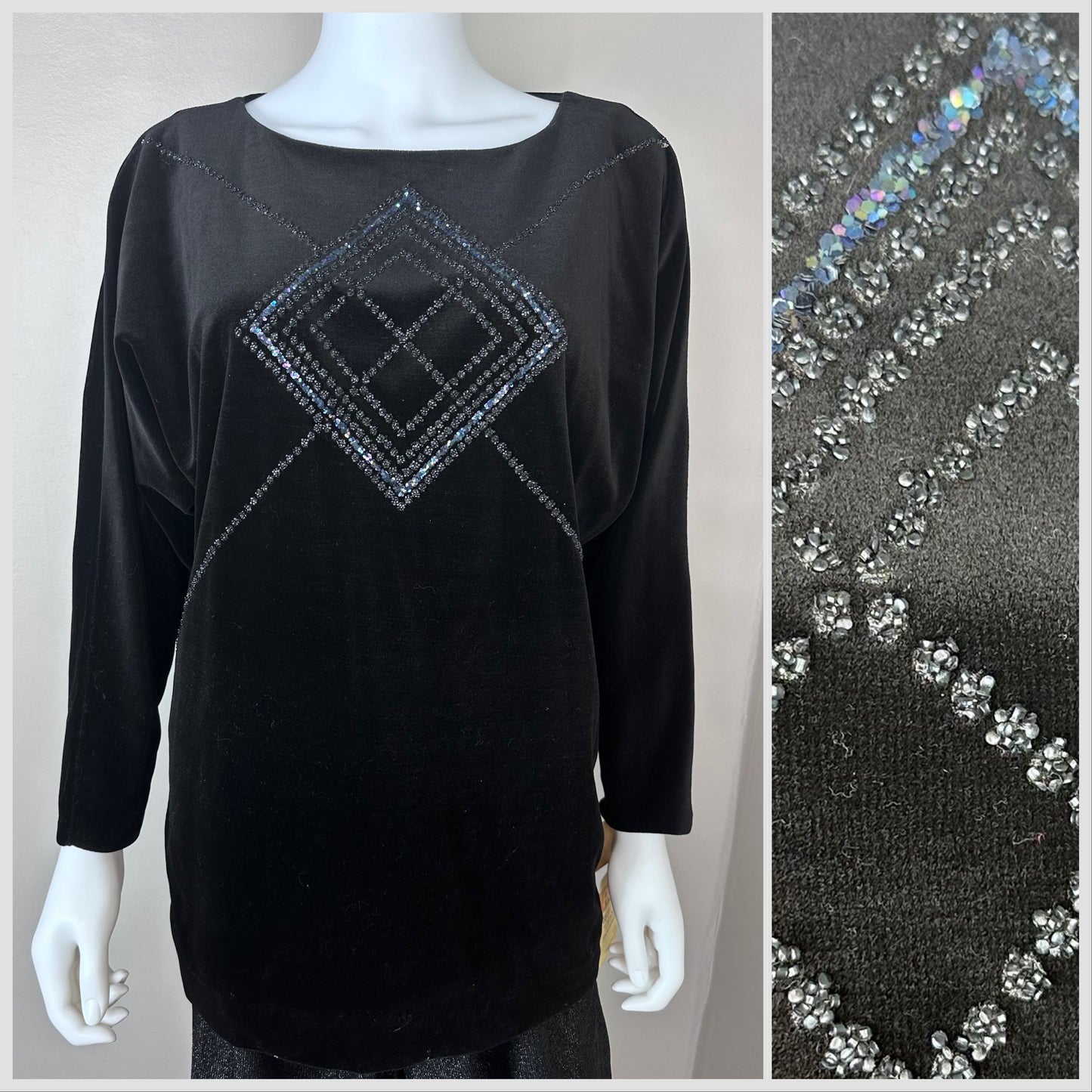 1970s Black Velvet Top with Glitter Design, Act III Size M/L, Deadstock with Tags