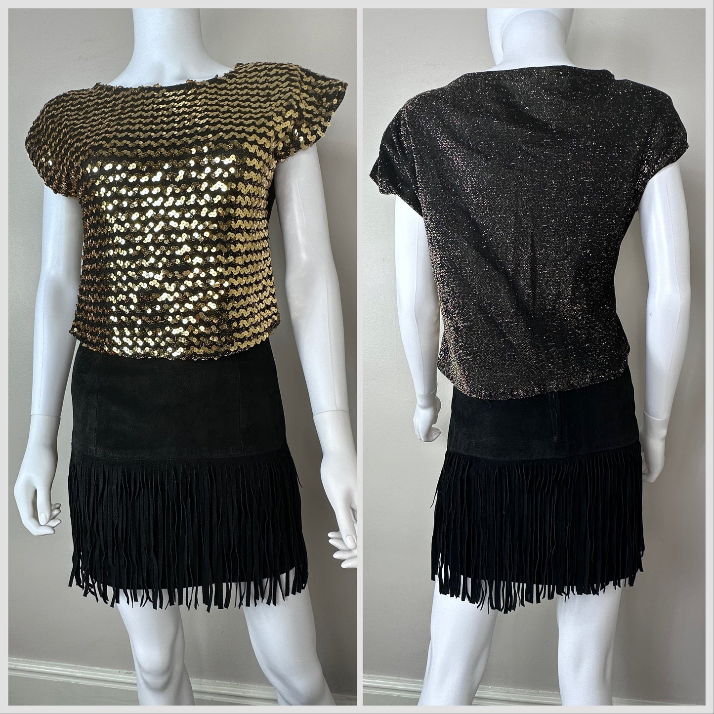 1980s Black Leather Mini Skirt with Fringe, S&U Leather Fashions Size XXS