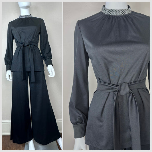 1970s Black Pant Suit with Silver Trim, Kay Windsor Size Small-Medium