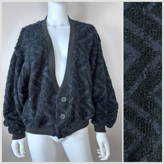 1980s Black Zig Zag Fuzzy Cardigan Sweater Size Medium