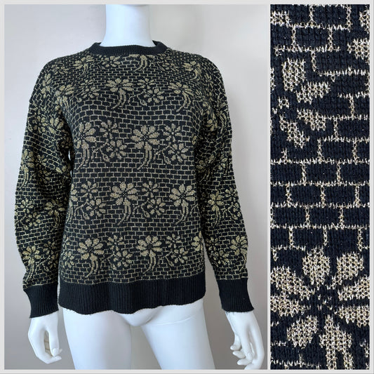 1980s Black and Gold Metallic Floral Sweater, Heidi Size M/L