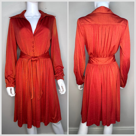 1970s Rust Shirt Dress, Plunging Neckline, Size M/L