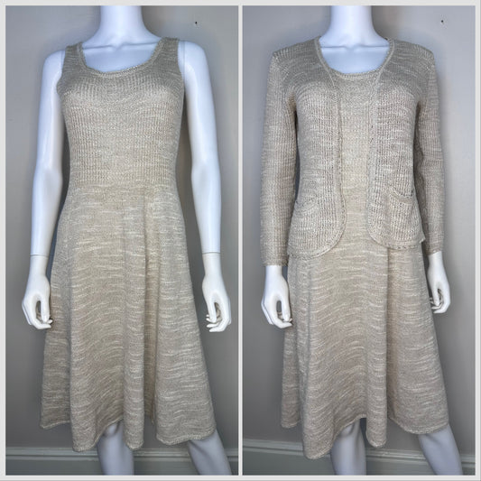 1970s Beige Knit Sleeveless Dress and Cardigan, St John Knits by Marie Gray Size Small