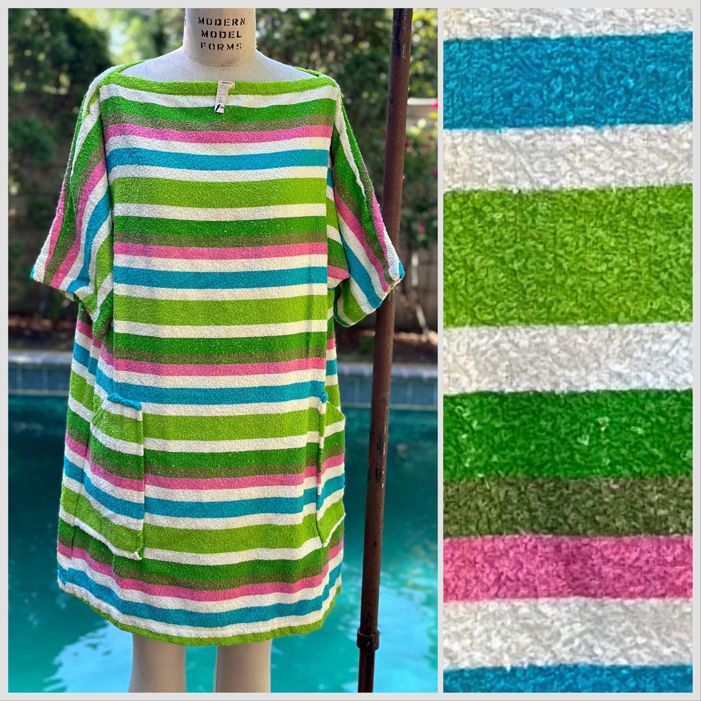 1960s Striped Terry Cloth Beach Dress, Miss Elaine, Swimsuit Cover Up, New with Tag, Goldsmith’s
