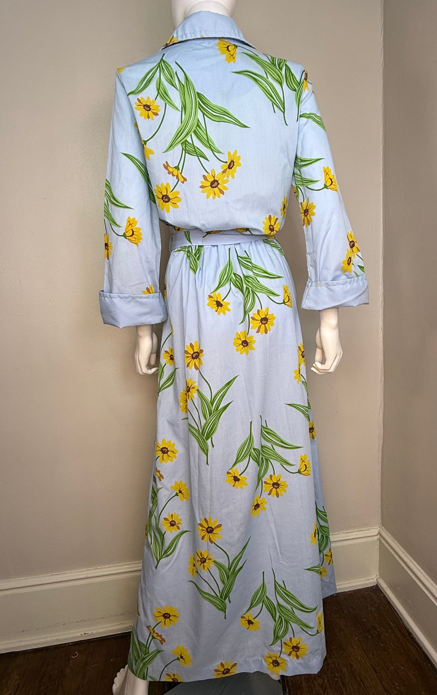1970s Blue Floral Maxi Shirt Dress, Sears Size Large Tall