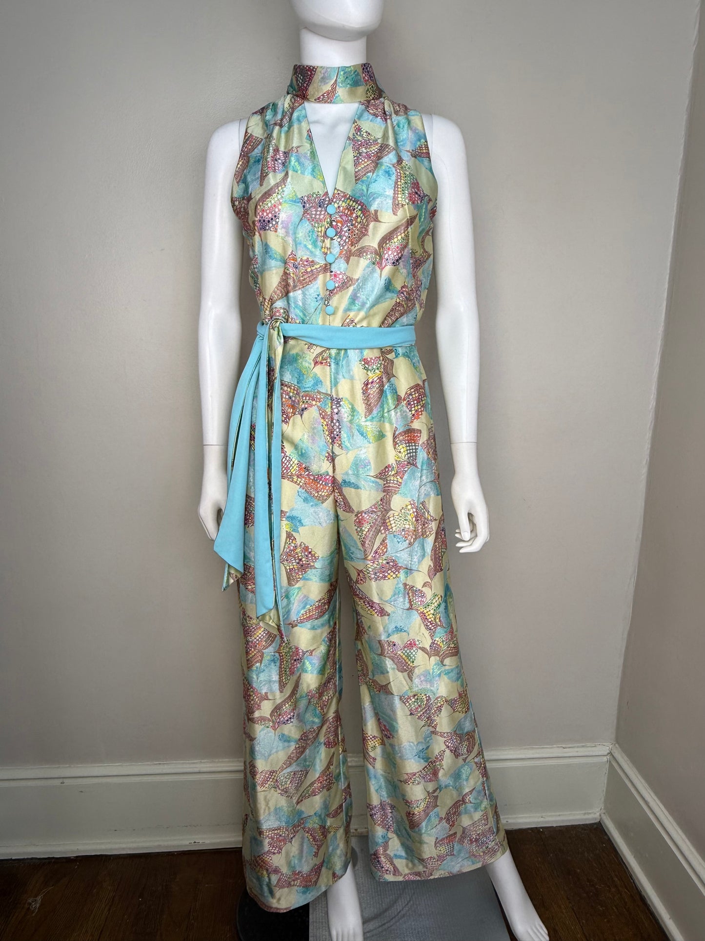 1970s Psychedelic Print Bell-Bottom Jumpsuit, Mel Warshaw Miss Jane Miami Size XS/Small, Shiny Fabric