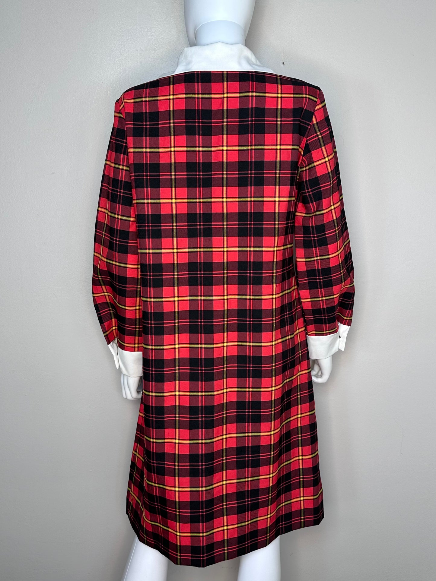 1970s Mod Red Plaid Dress with Huge White Collar, Joan Curtis Size Large