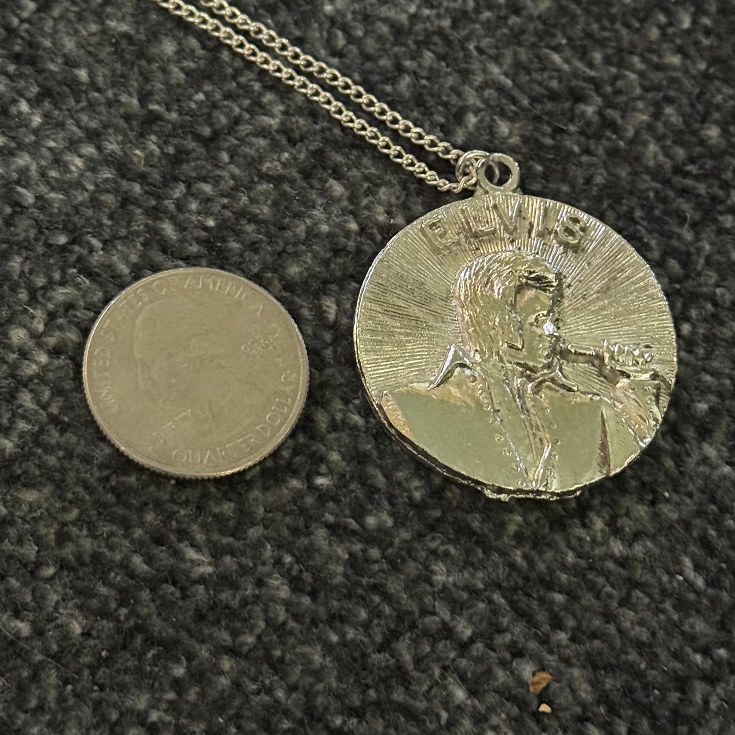 1970s Elvis Presley Necklace, King of Rock 1935-1977, Silver Tone Medallion, 16.25" Chain