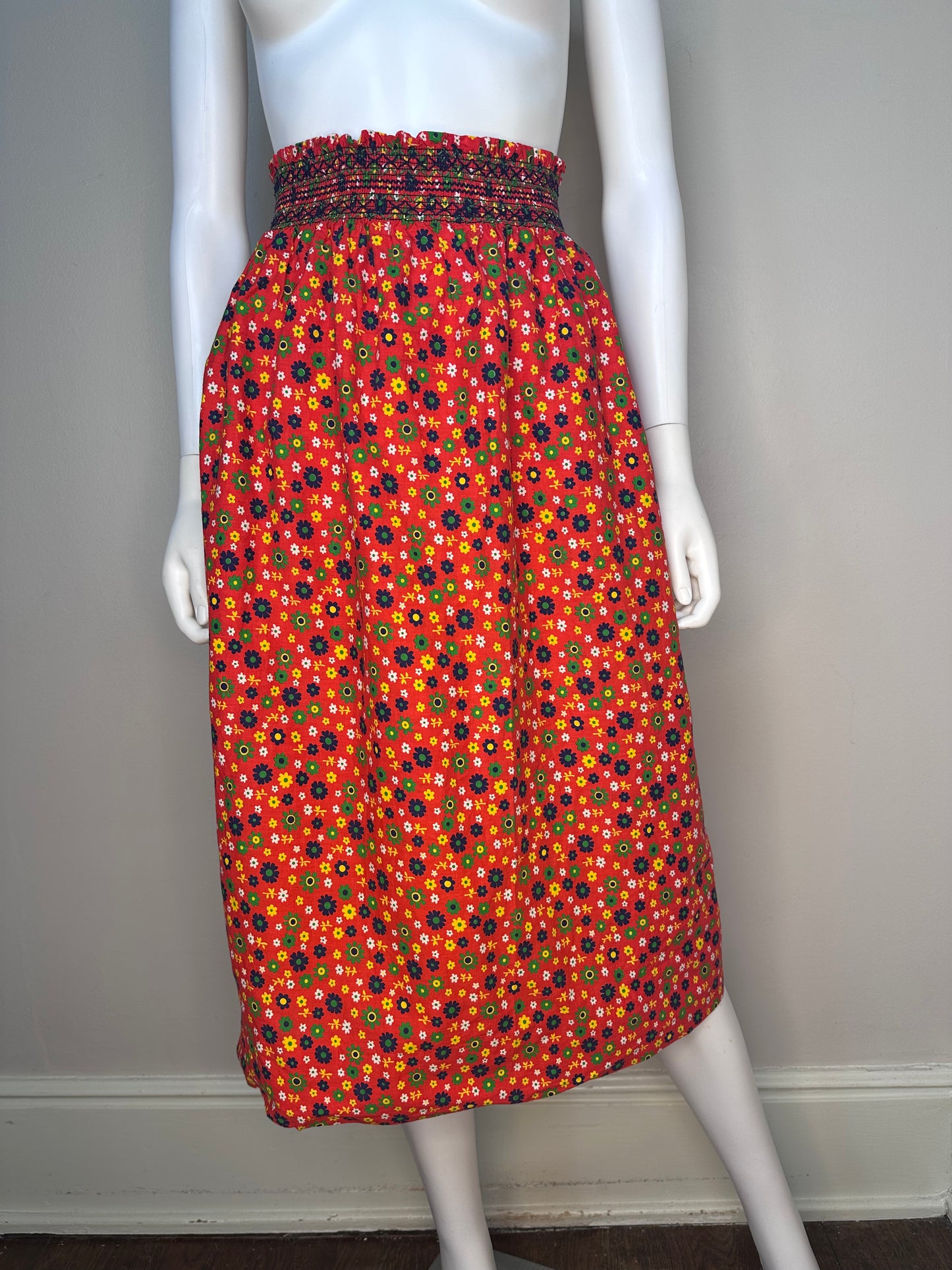 1970s Flower Power Skirt, Size XS-Small, Elastic Smocked Waist, Strapless Dress