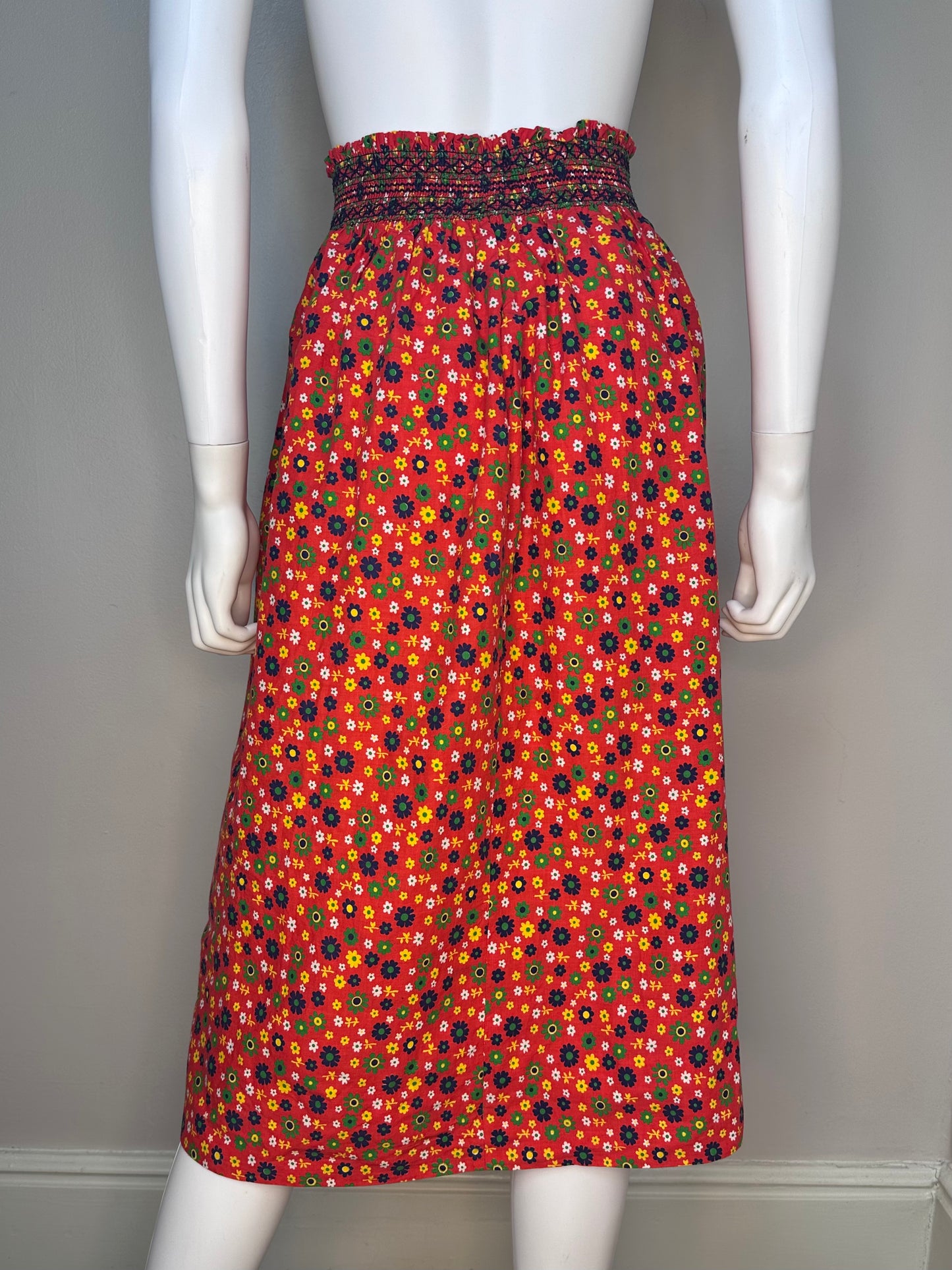 1970s Flower Power Skirt, Size XS-Small, Elastic Smocked Waist, Strapless Dress