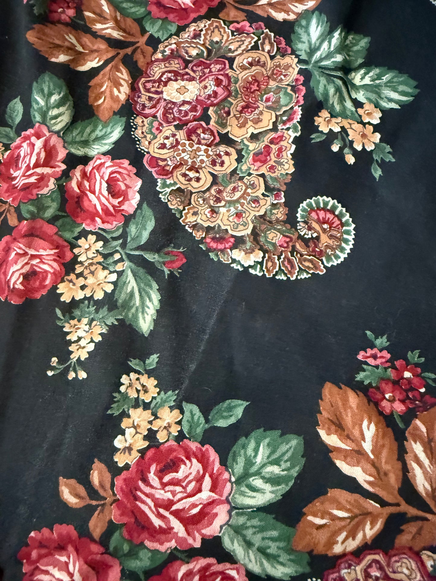 1970s Black Rose Caftan Dress with Wide Scarf Sleeves, Dutchmaid Size Large