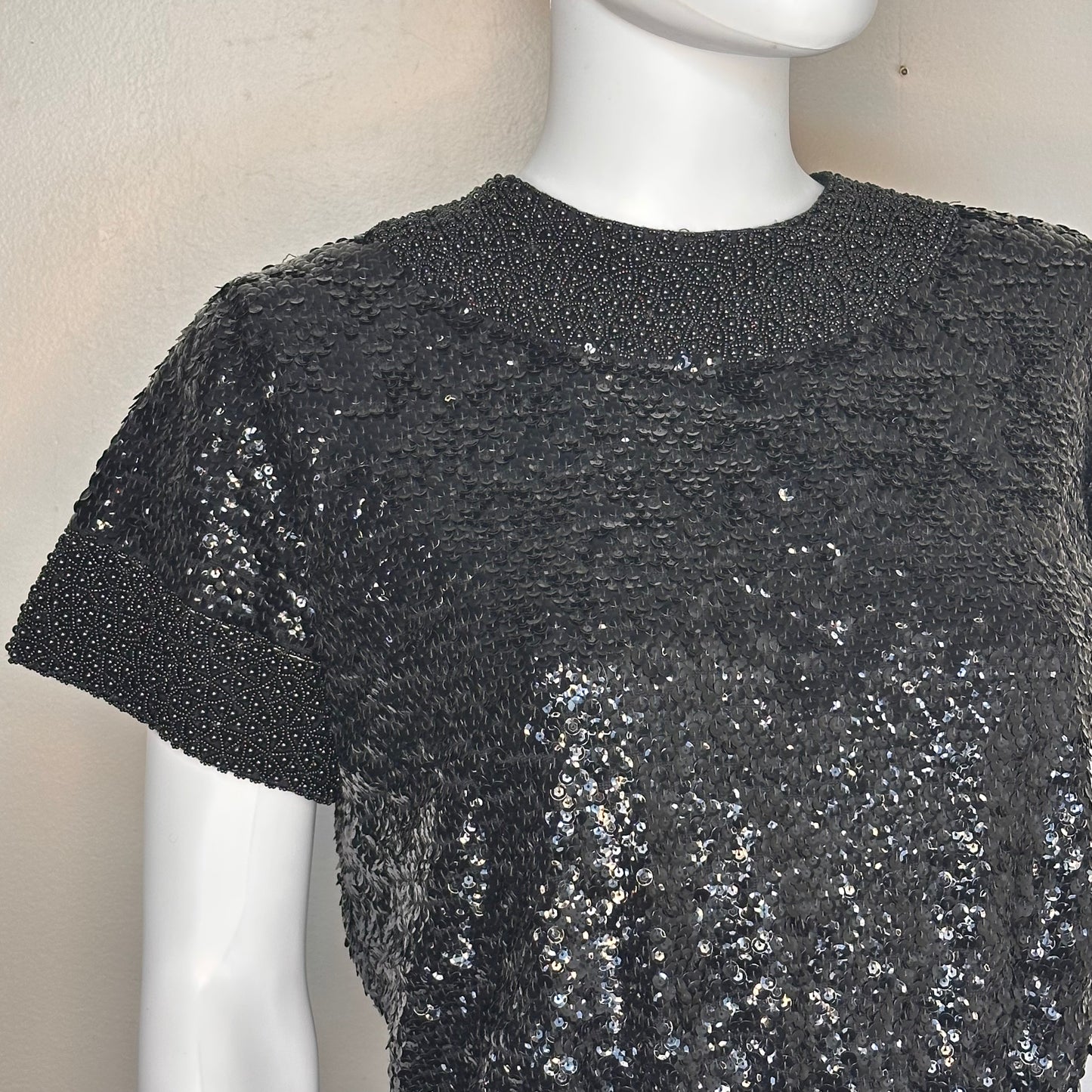 1960s Black Sequin and Beaded Glamorous Top, Short Sleeve, Size S/M