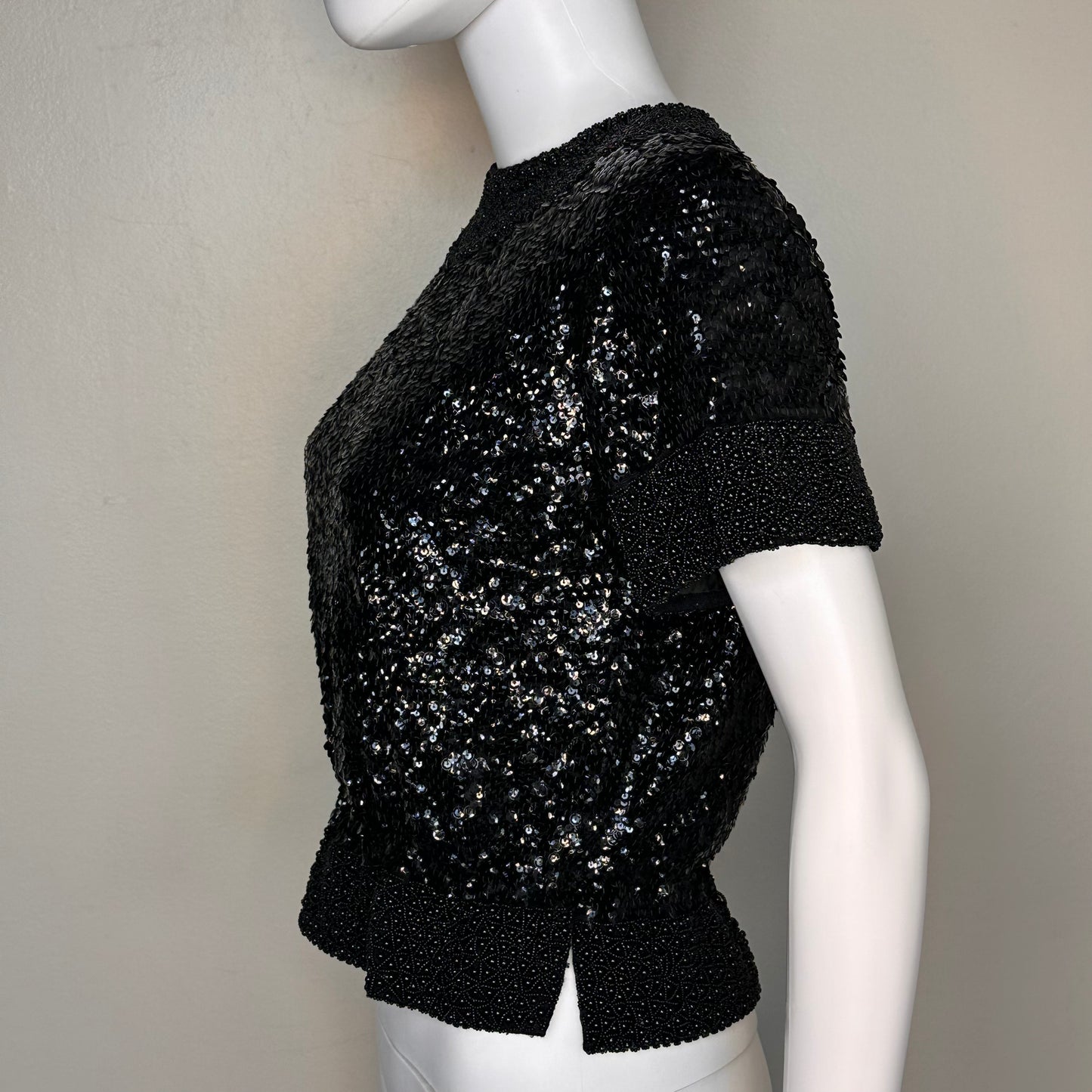 1960s Black Sequin and Beaded Glamorous Top, Short Sleeve, Size S/M