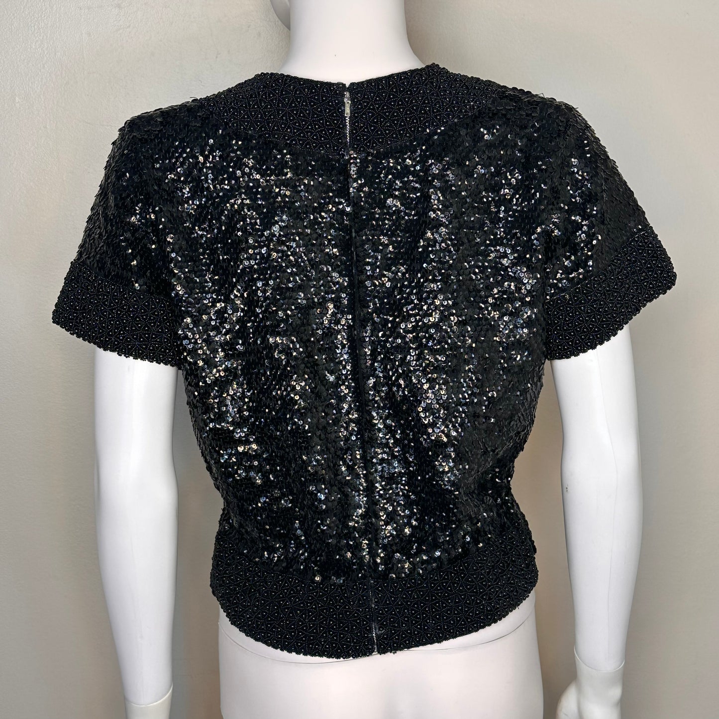 1960s Black Sequin and Beaded Glamorous Top, Short Sleeve, Size S/M