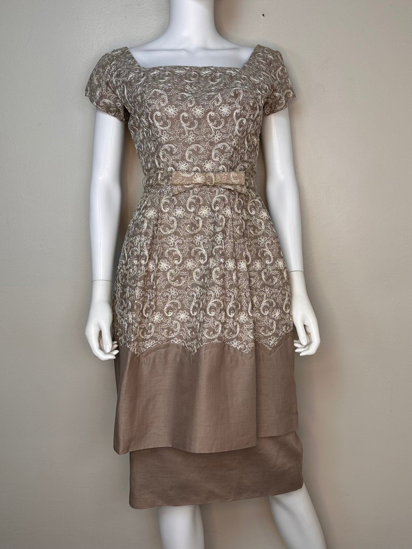 1950s/60s Brown with Cream Embroidery Two Layer Dress, Cocktail Party, Size XS