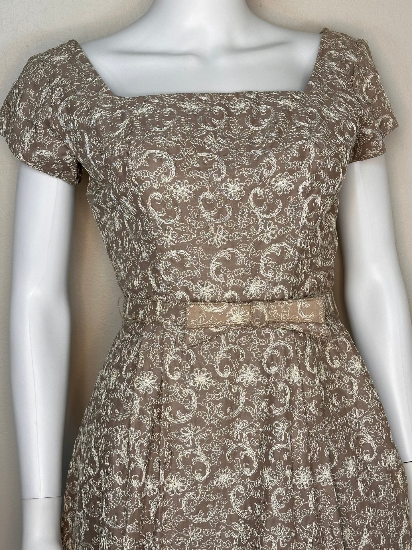 1950s/60s Brown with Cream Embroidery Two Layer Dress, Cocktail Party, Size XS