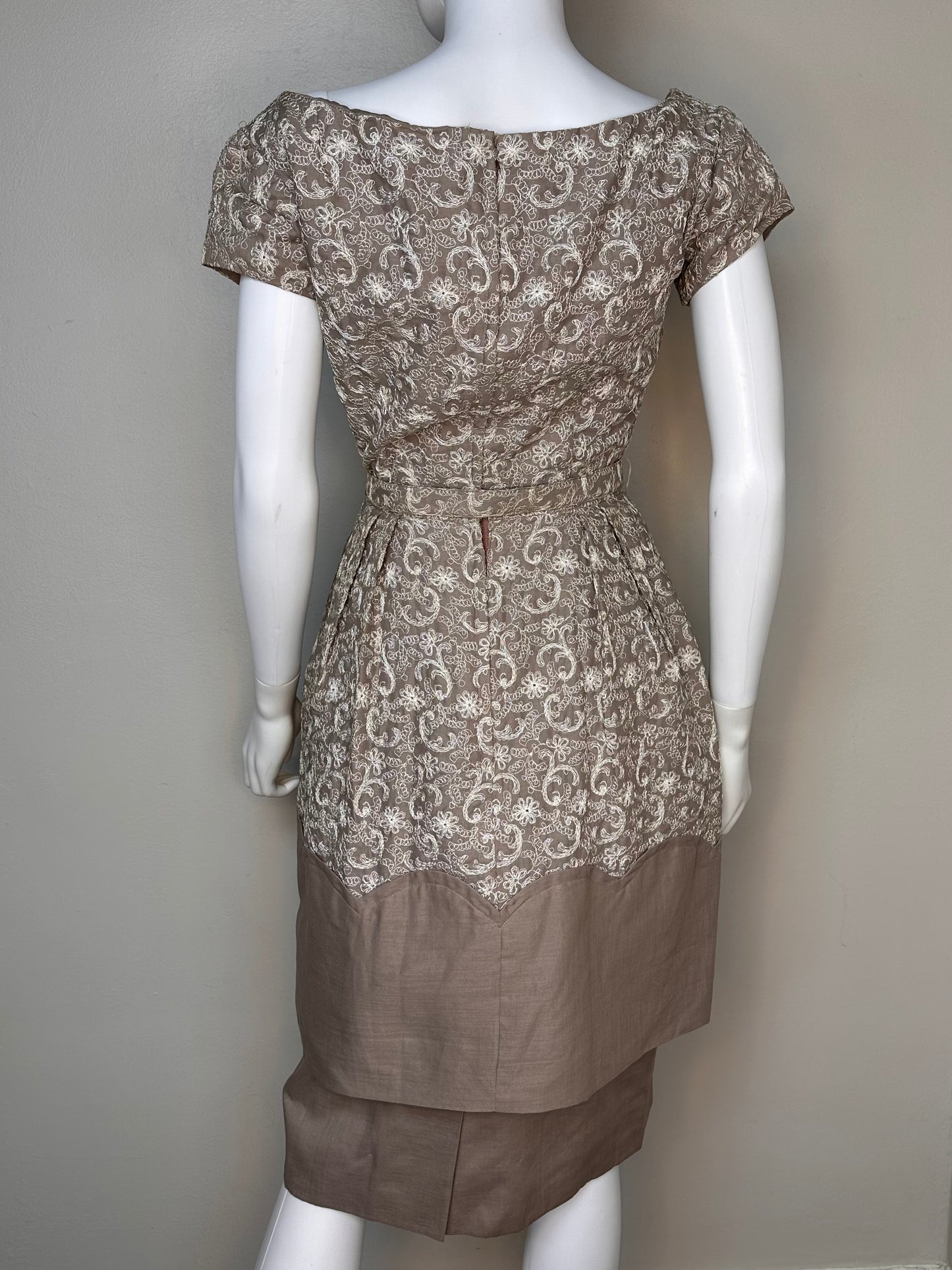 1950s/60s Brown with Cream Embroidery Two Layer Dress, Cocktail Party, Size XS