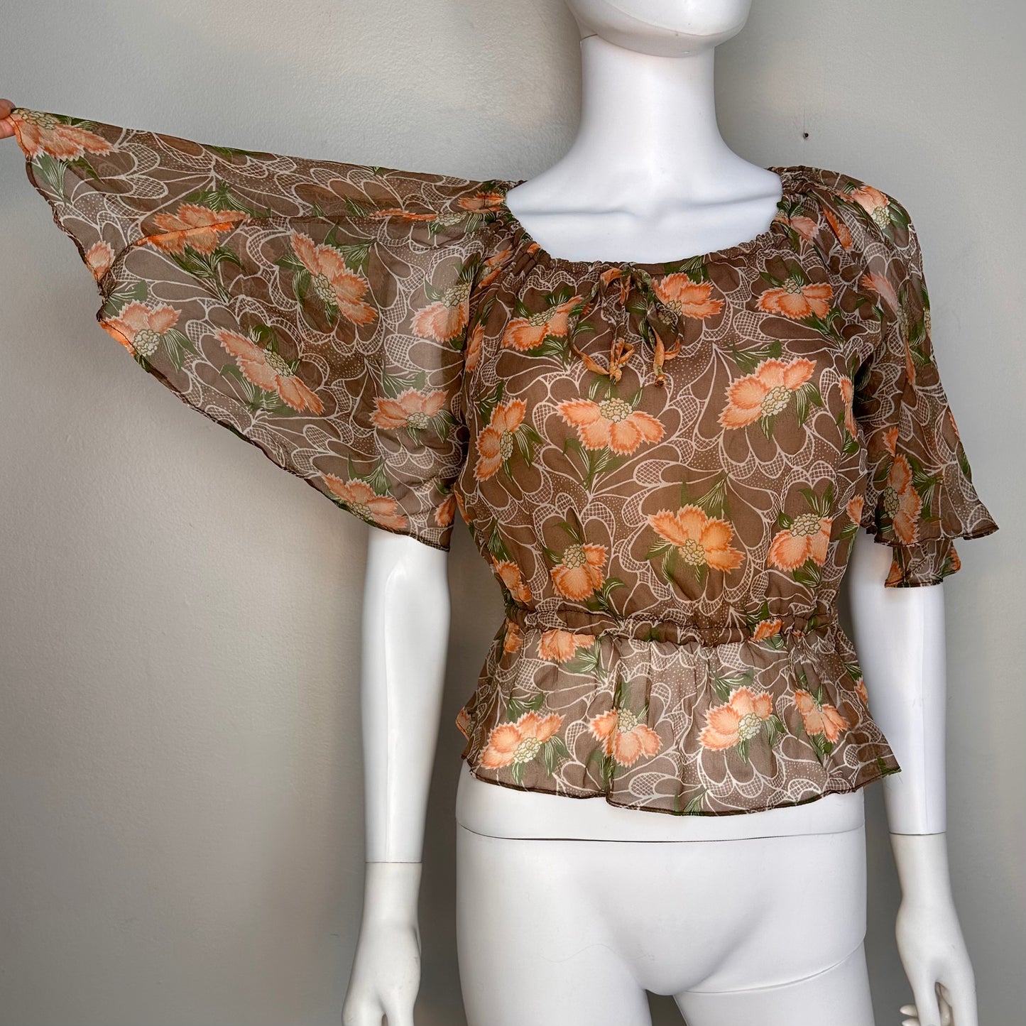 1970s/80s Sheer Brown and Orange Floral Blouse, Prophecy Size Medium, Flutter Sleeves