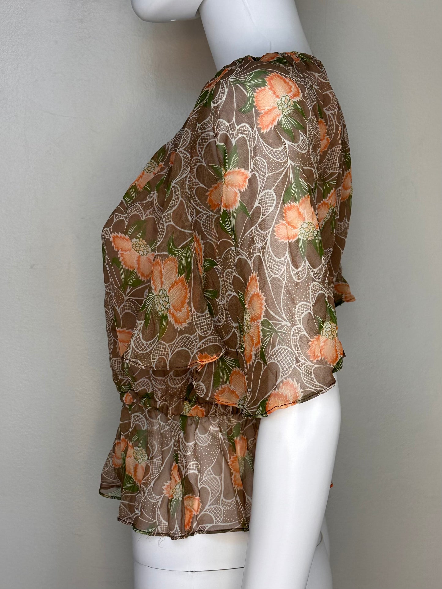 1970s/80s Sheer Brown and Orange Floral Blouse, Prophecy Size Medium, Flutter Sleeves