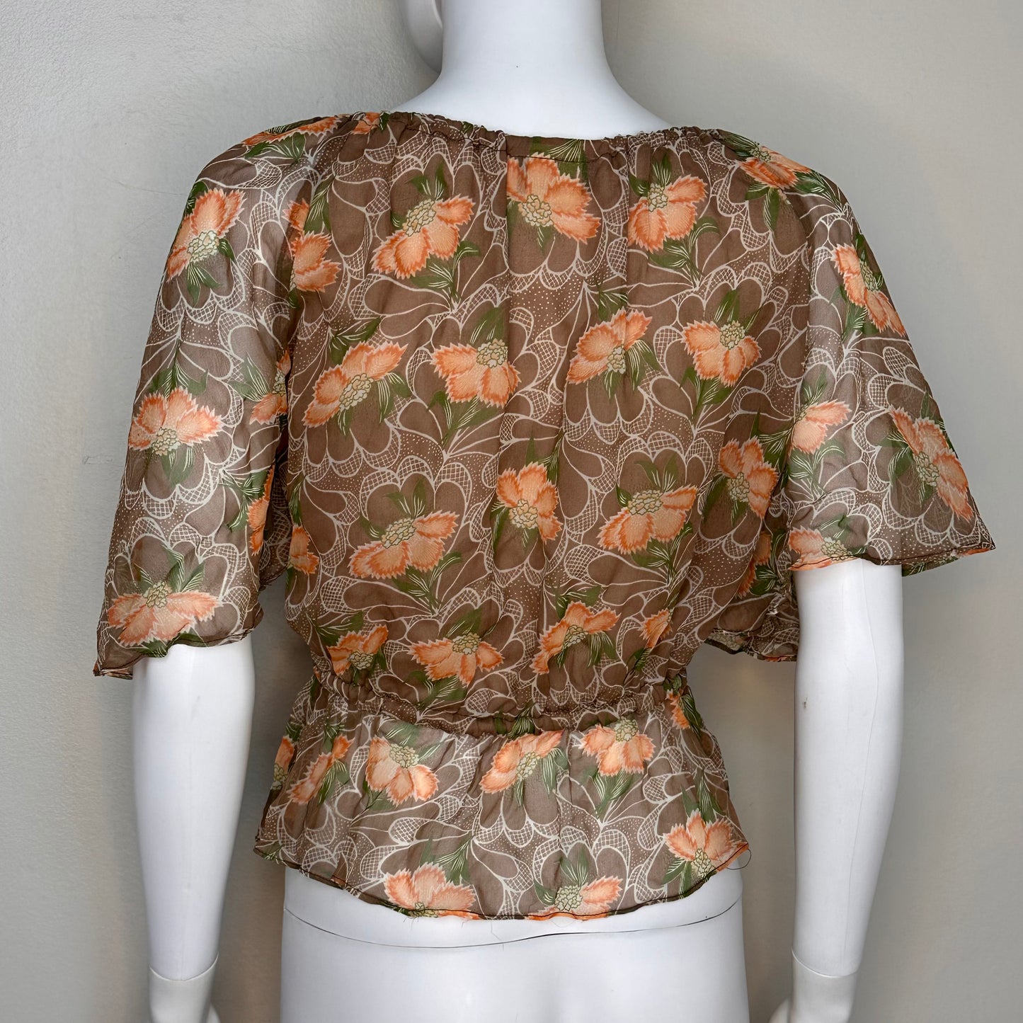 1970s/80s Sheer Brown and Orange Floral Blouse, Prophecy Size Medium, Flutter Sleeves