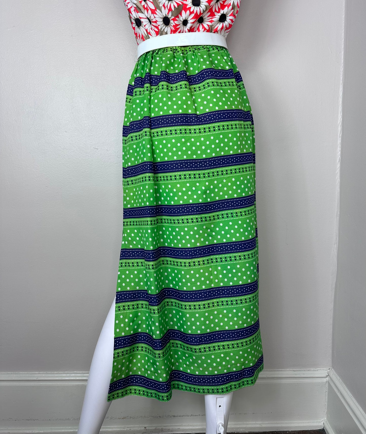 1960s/70s Green and Blue Striped Skirt with White Polka Dots, Nelly de Grab Size XS-Medium