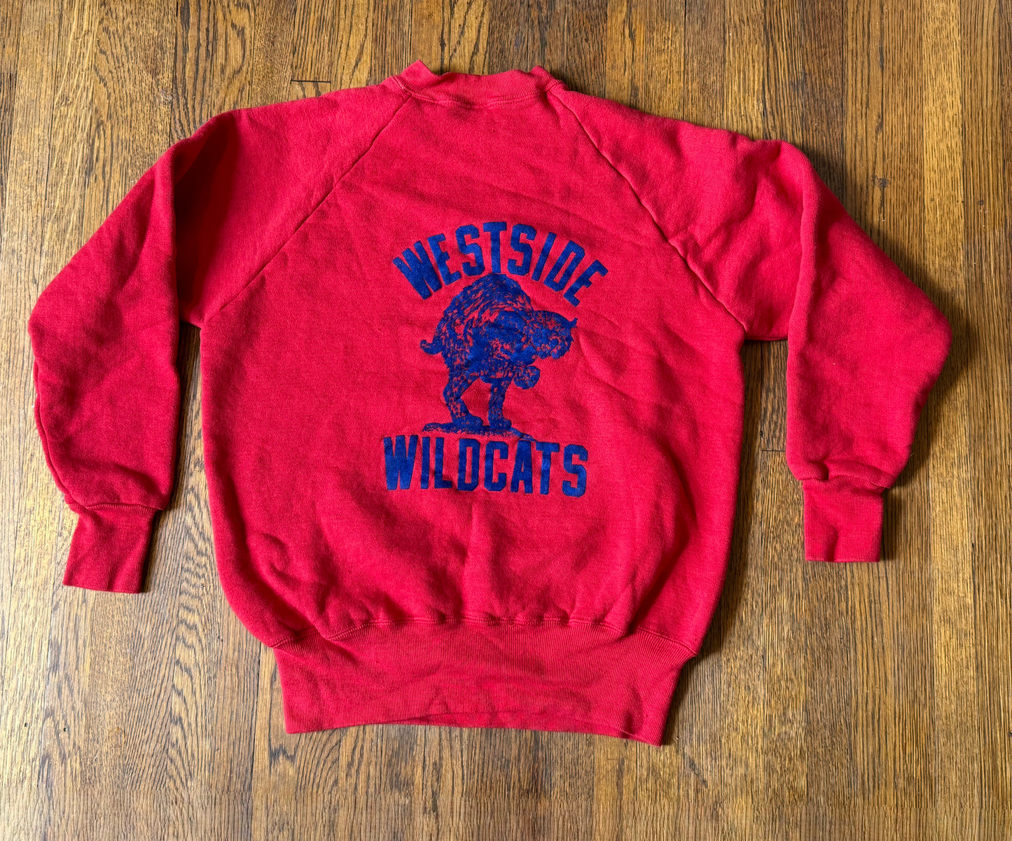 1950s Westside Wildcats Sweatshirt, Red with Blue Flocked Cat, Size Medium-Large