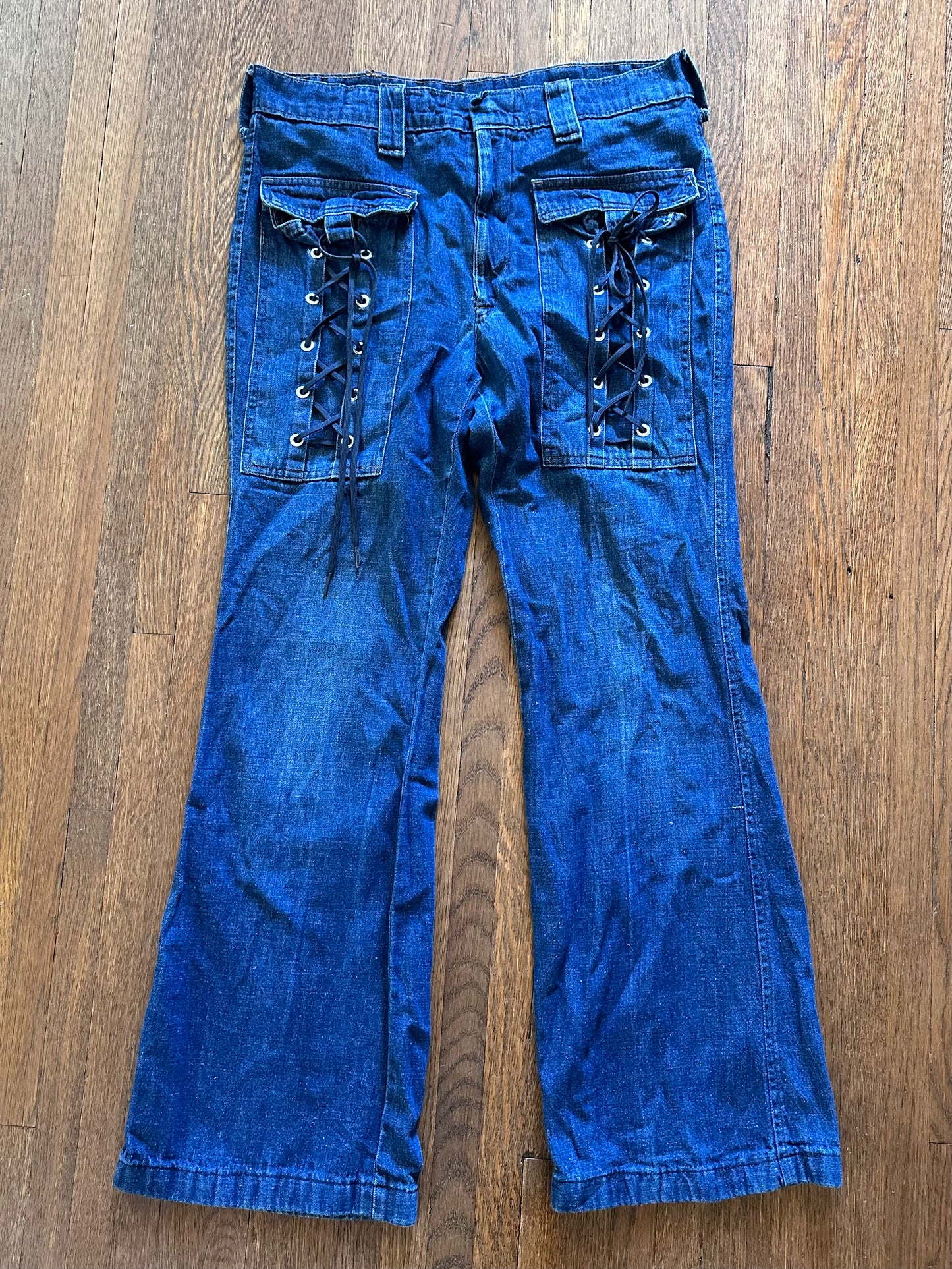 1970s Flare Leg Jeans, Giant Lace Up Pockets, 35x31.5