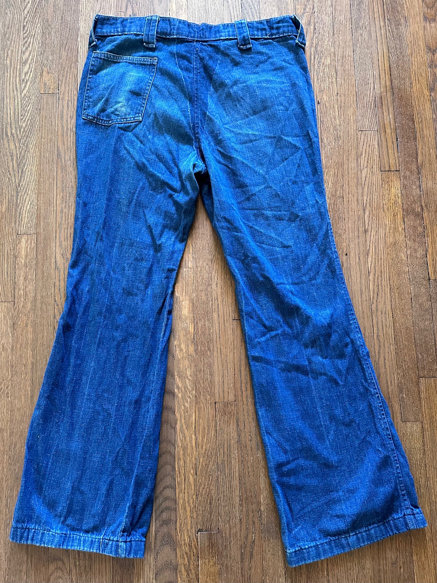 1970s Flare Leg Jeans, Giant Lace Up Pockets, 35x31.5