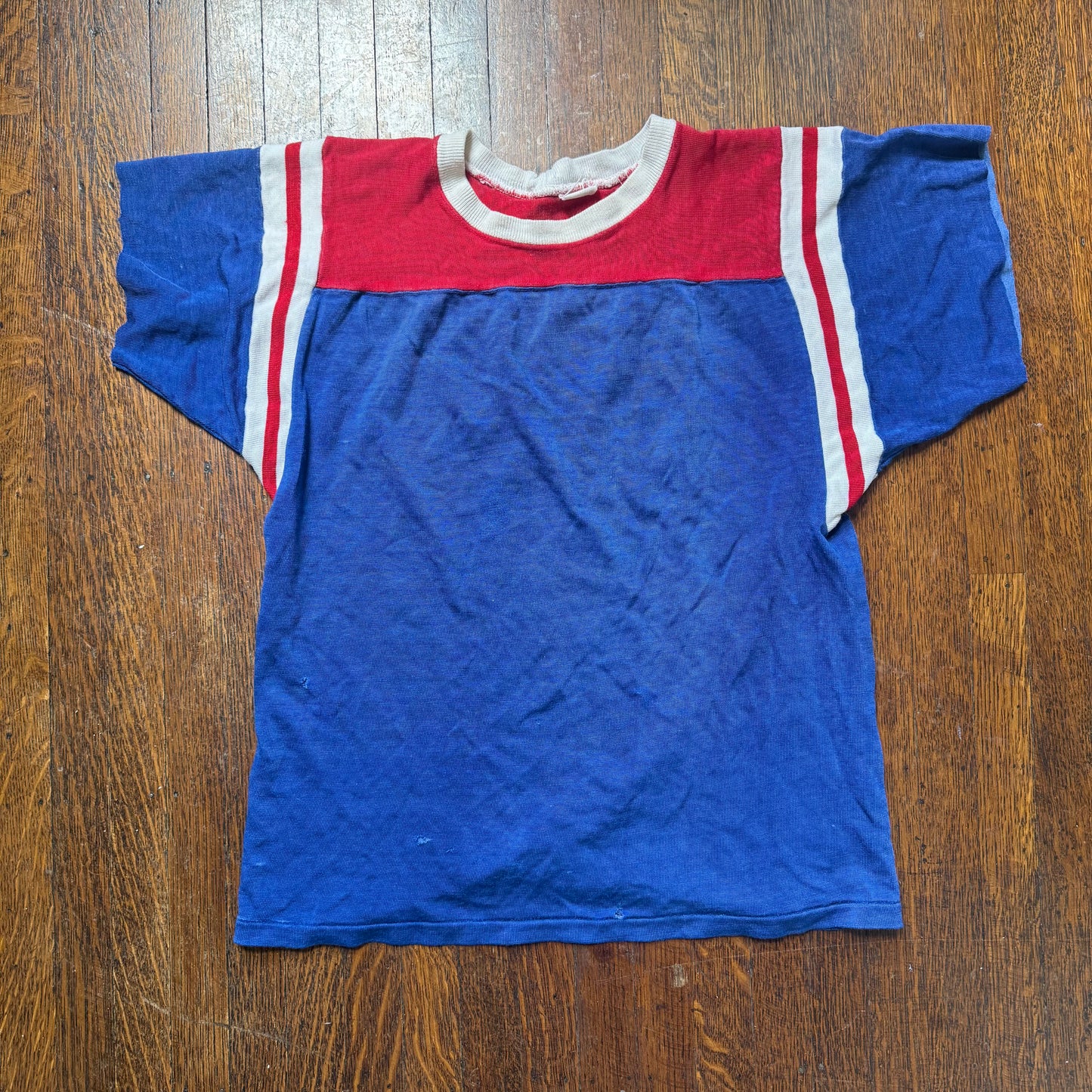 1960s Blue and Red Jersey Durene T-Shirt, Size Small, Distressed