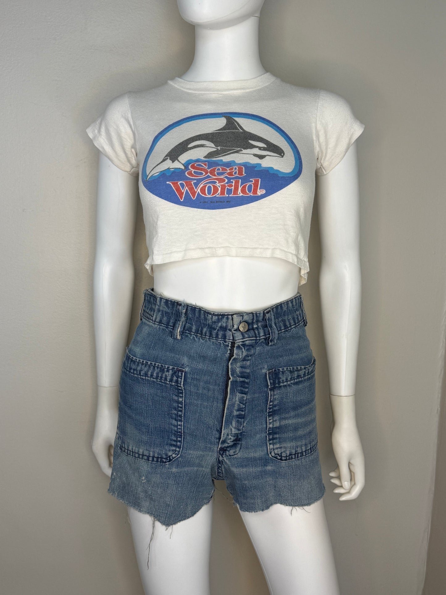 1970s Denim Shorts, Distressed Cut Offs, Seafarer, Fabric by Erwin, Selvage, US Navy Uniform Jeans