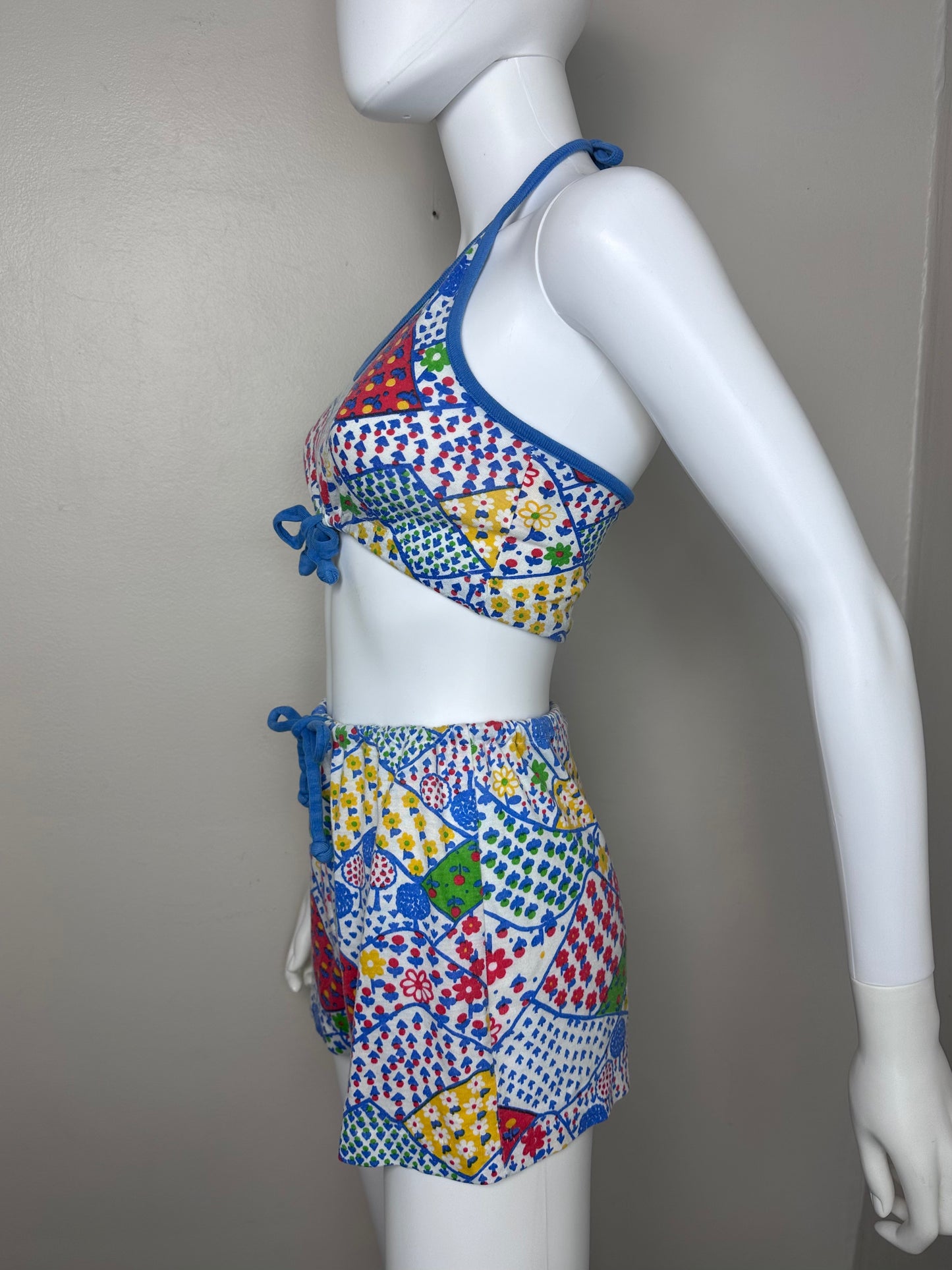 1970s Floral Patchwork Print Knit Halter Top and Shorts Set, Sears Jr Bazaar Size XS