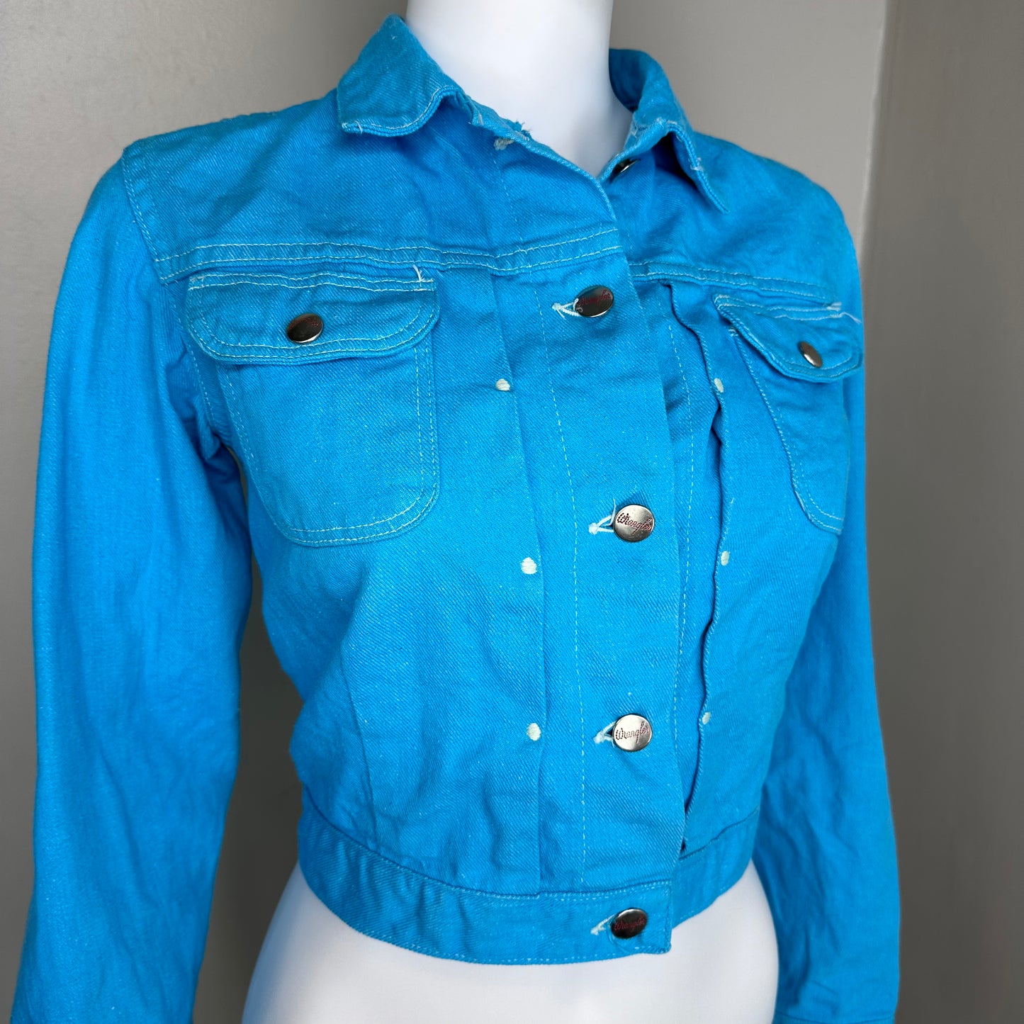 1950s Aqua Denim Women’s Jacket, Wrangler Blue Bell Size Small, Sanforized Selvage Cotton, Pleated