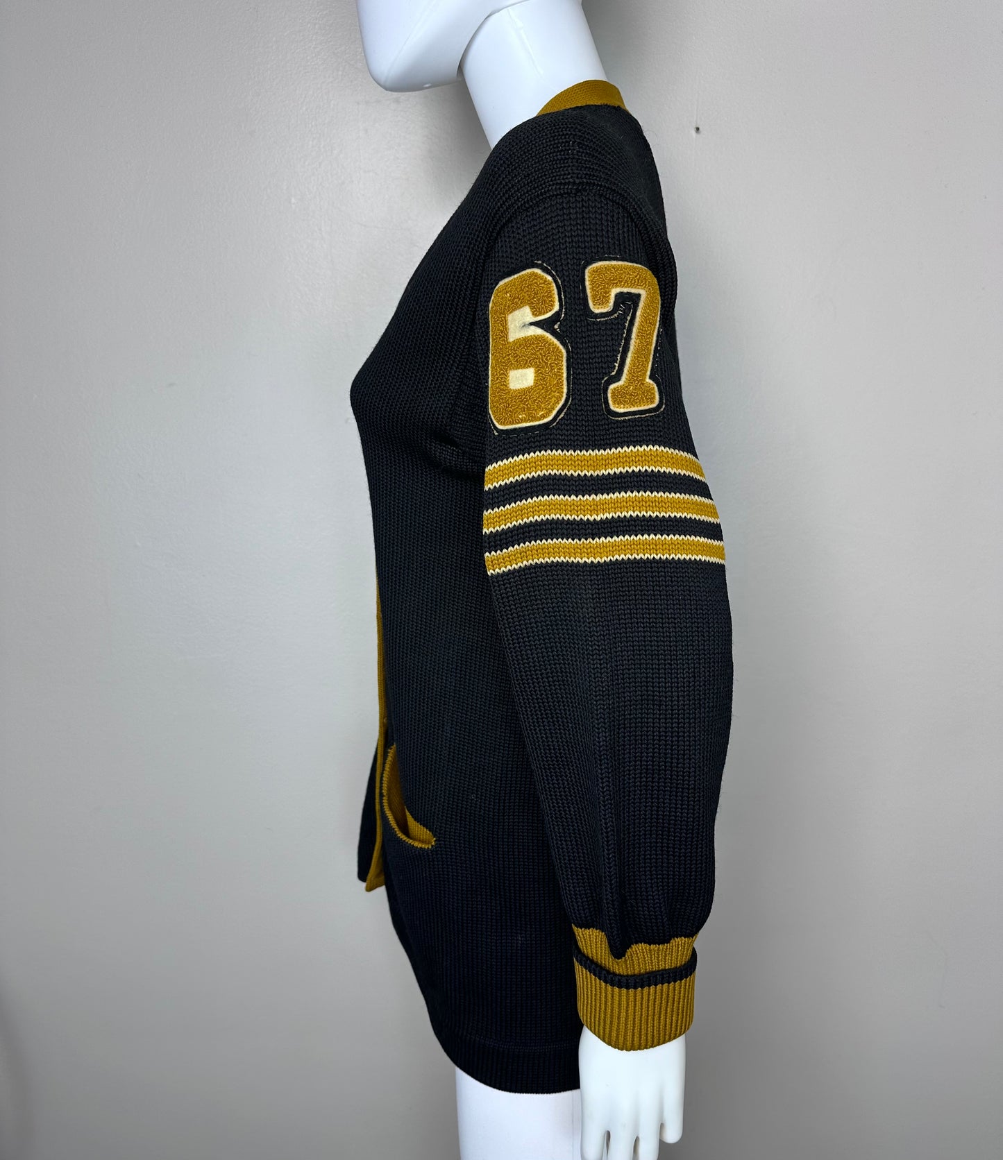 1960s Varsity Cardigan Sweater, Size Medium, Black and Gold, 67